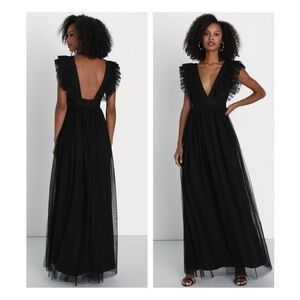 ⚫️ LULUS Simply Delighted Black Mesh Ruffled Backless Maxi new without tag M‌
